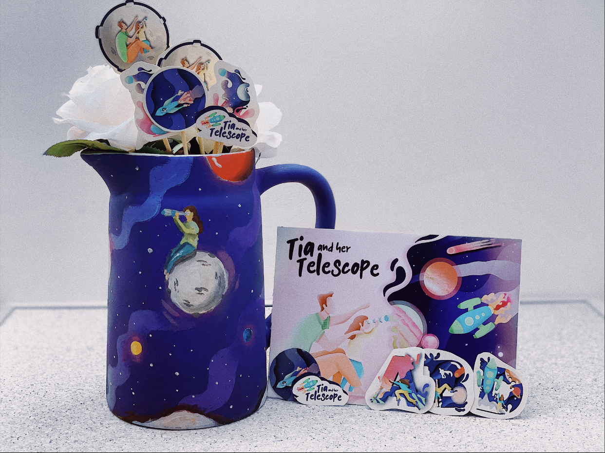 Tia and her Telescope Jug and Stickers (Click to view publication)