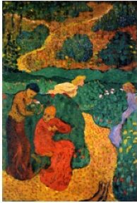 Painting of women sitting in a green garden with yellow pathways