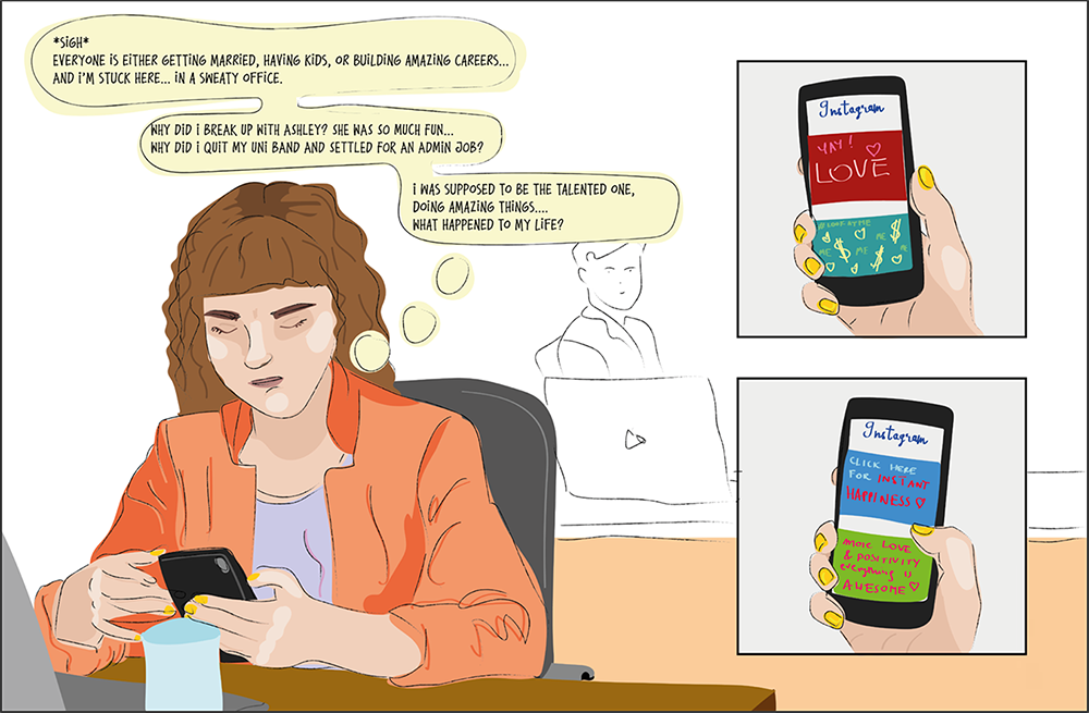 cartoon of woman texting on mobile phone