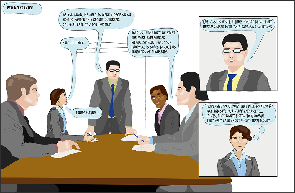 cartoon of business men and women in meeting
