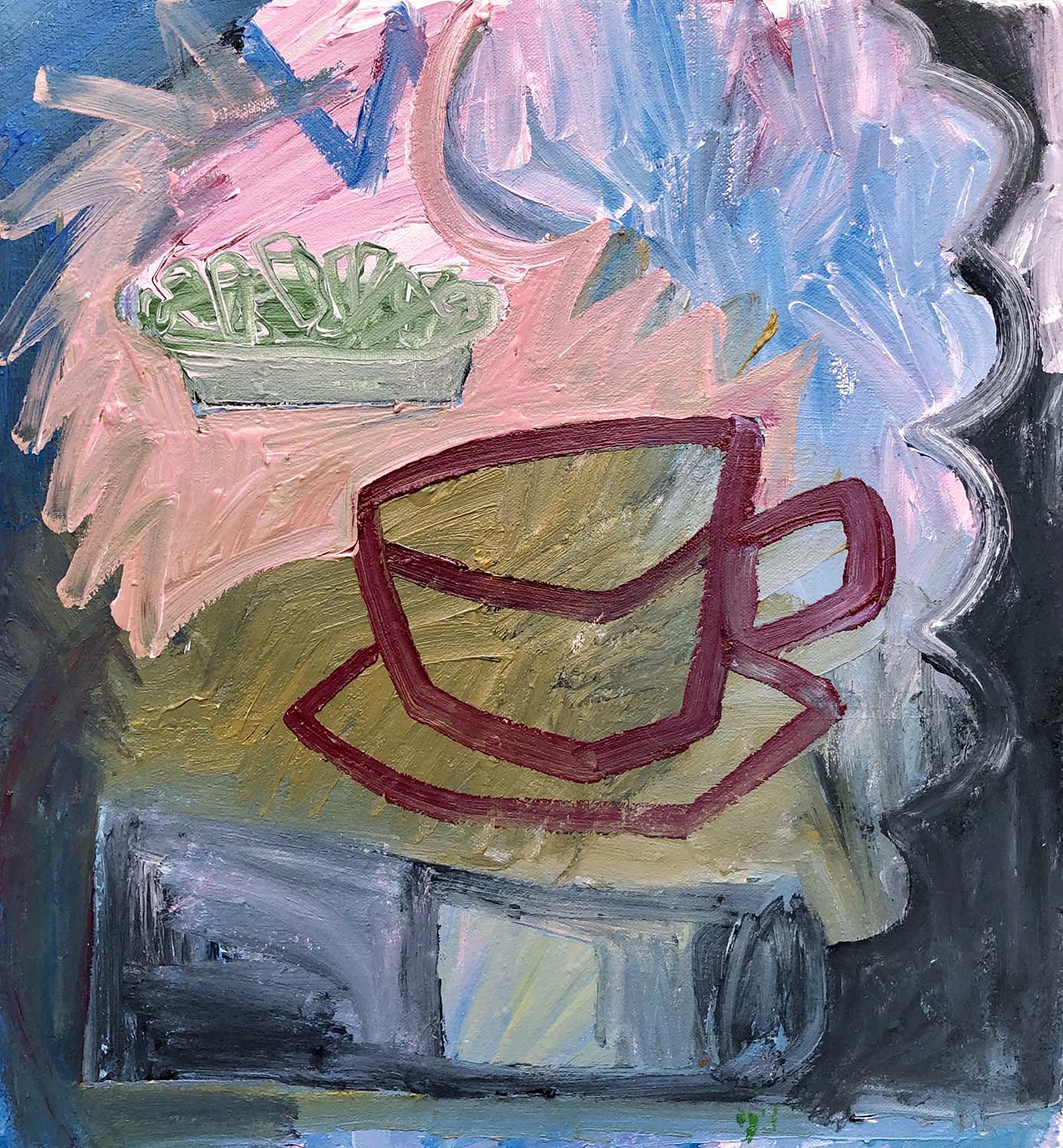 Painting of red tea cup and cigarettes