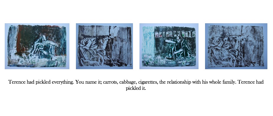 Four images with text "Terence had pickled everything. Your name it; carrots, cabbag, cigarettes, the relationship with his whole family. Terence had pickled it."
