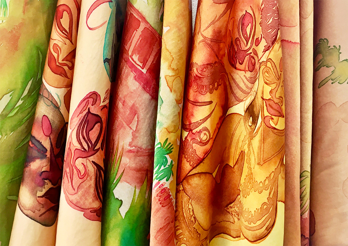 Hand painted silk fabrics.