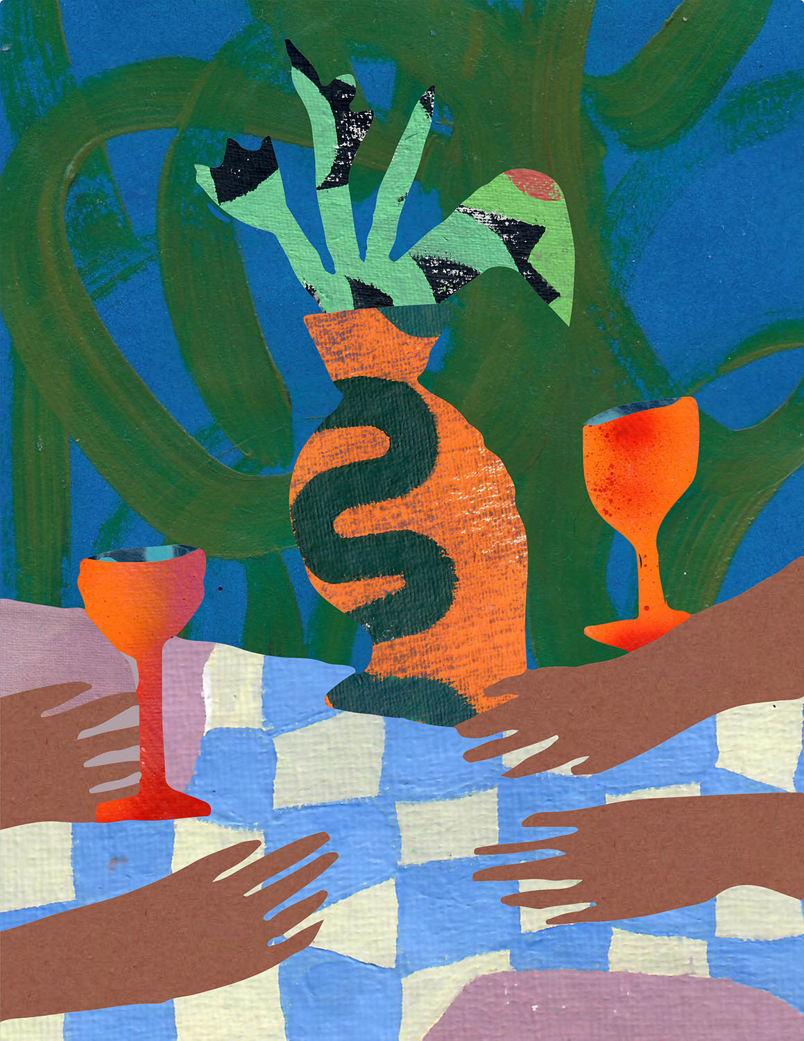 Abstract painting, hands across a table with wine