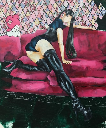 Painting of female in latex on a red sofa