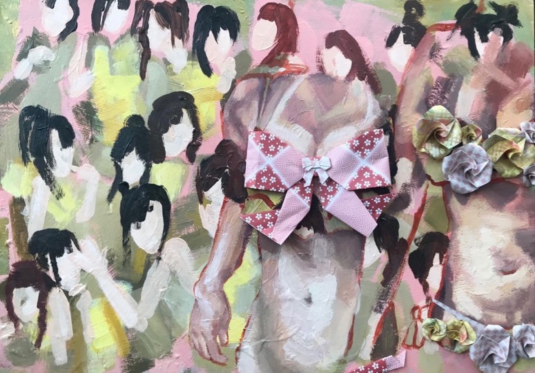 Painting of faceless female figures, one wears a bow