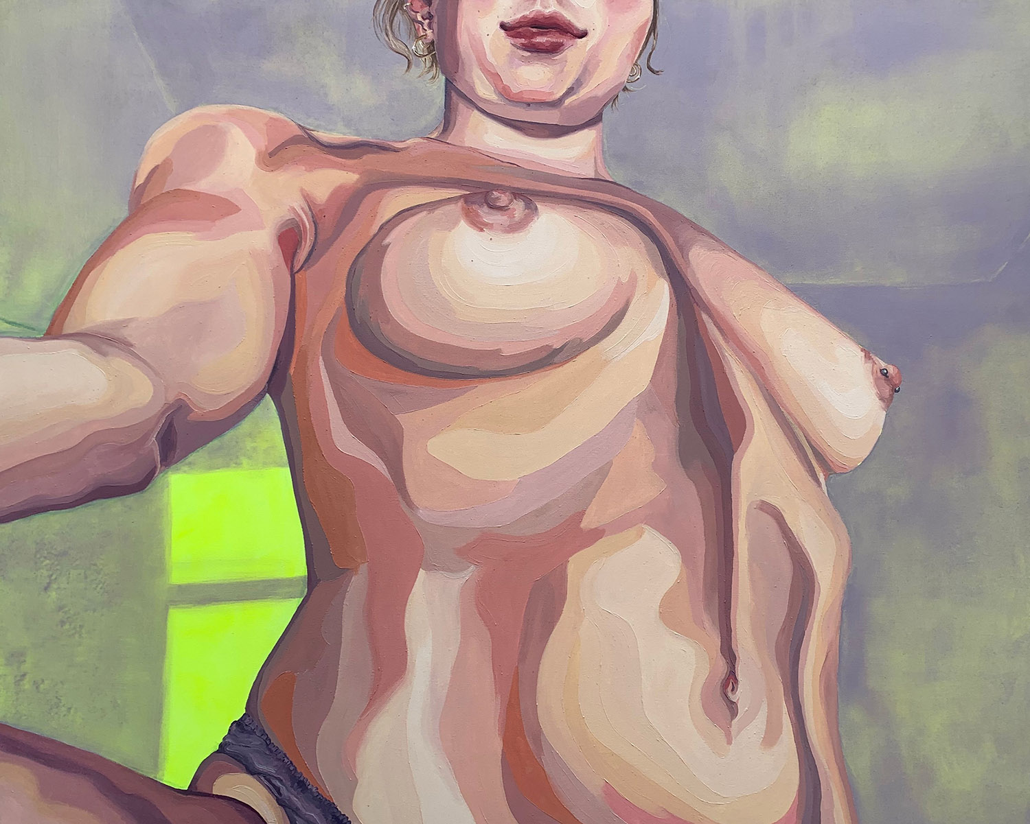 Painting of closeup of topless woman