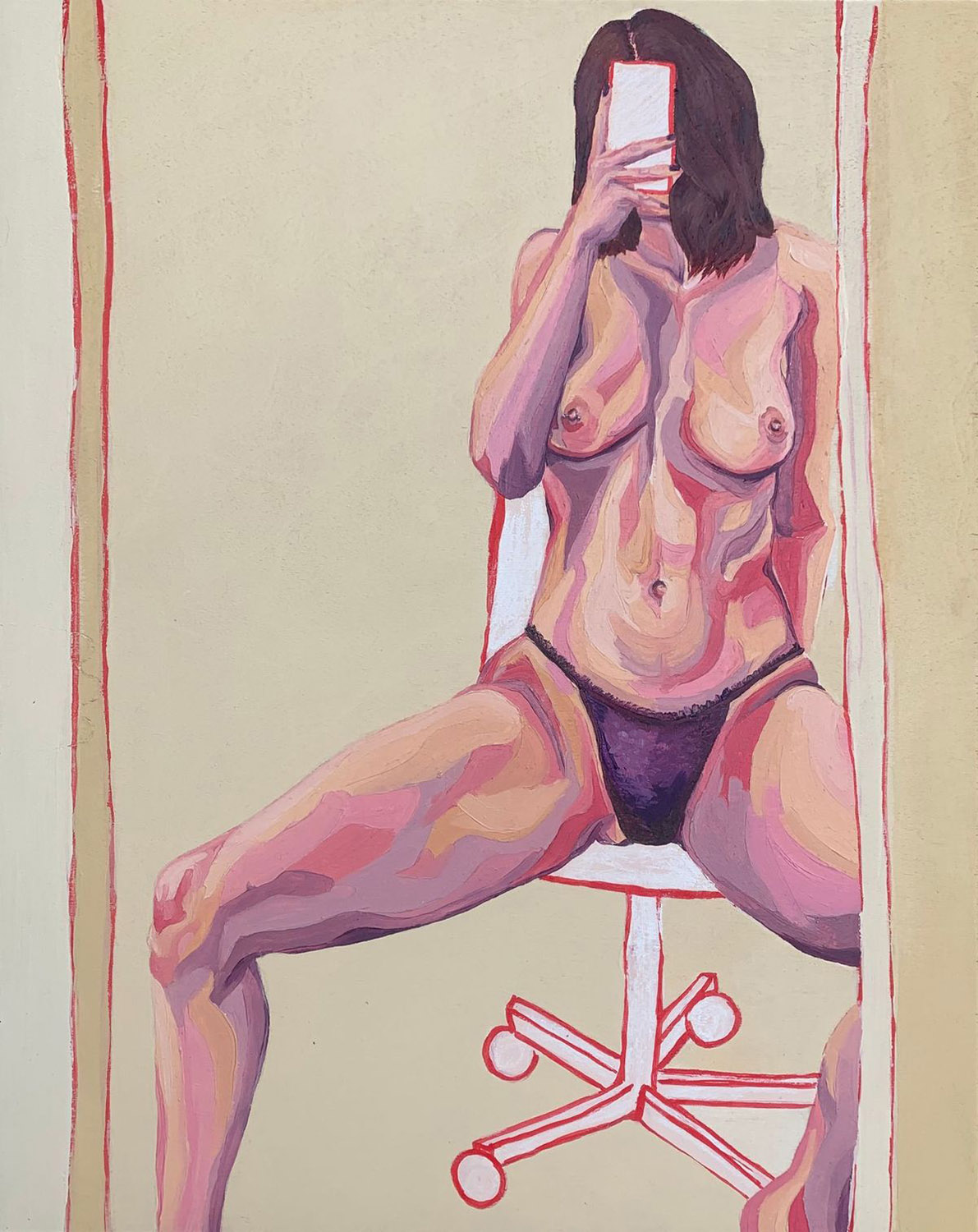 Painting of topless woman taking a selfie