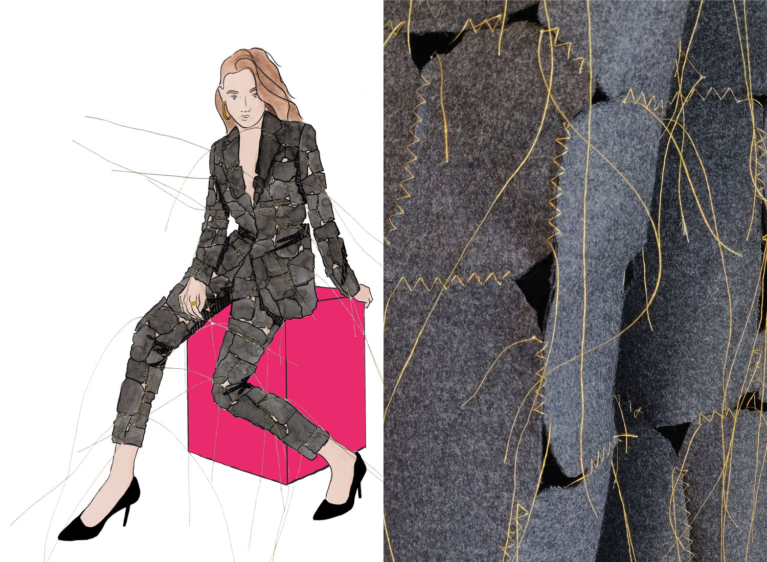 Illustration of woman in suit, alongside is a close up photograph of a textile sample