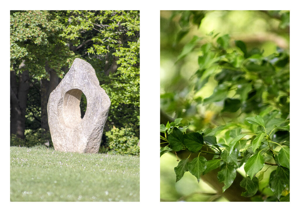 One photograph of stone sculpture and one of leaves
