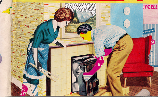 Collage of couple replacing a fireplace