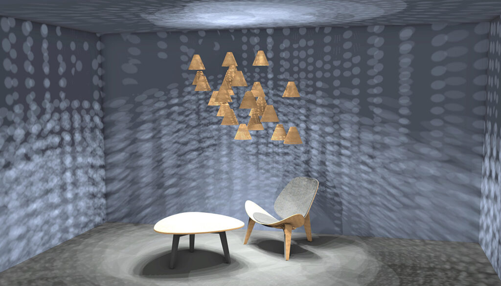Render of room set up featuring a cluster of veneer lampshades casting light shadows across the room.