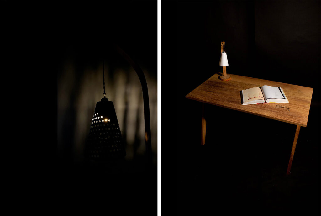 Lamp in dark showing the shadows it casts on the wall. And Lamp in situ on a wooden desk.