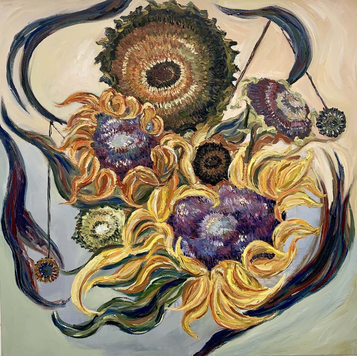 Painting of sunflowers on a cream background