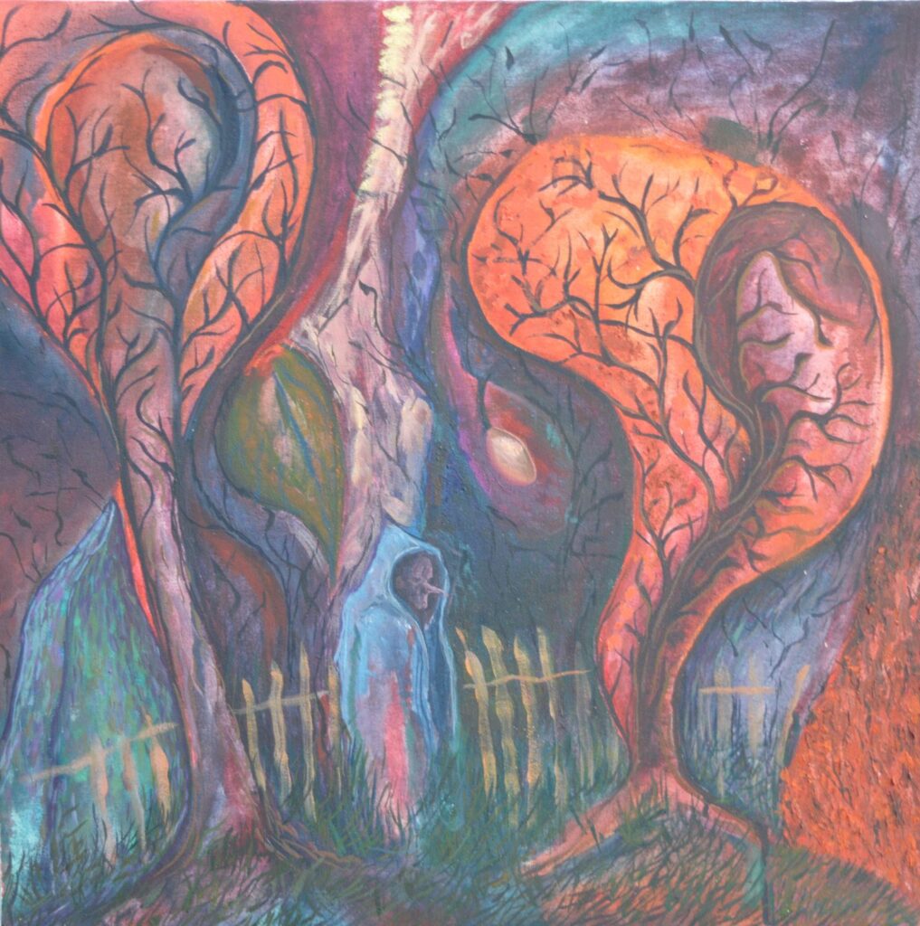 Colourful abstract painting of a fantasy forest, face and fence composition