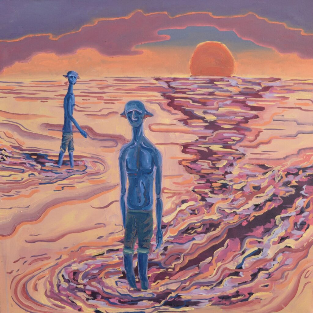 Painting of two figures using pinks and purples, knee deep in an abstract ocean scene at sun set