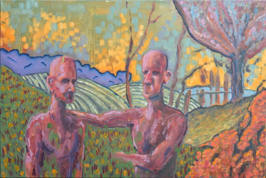 Painting of two male figures at the forefront of a colourful abstract landscape of rolling fields and trees