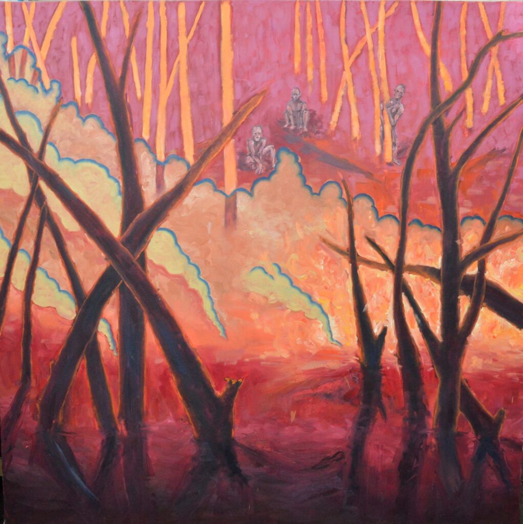 Dark colourful painting of a desolate forest scene, reds, pinks, oranges