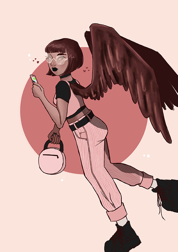 Female character design with handbag and brown feathered wings