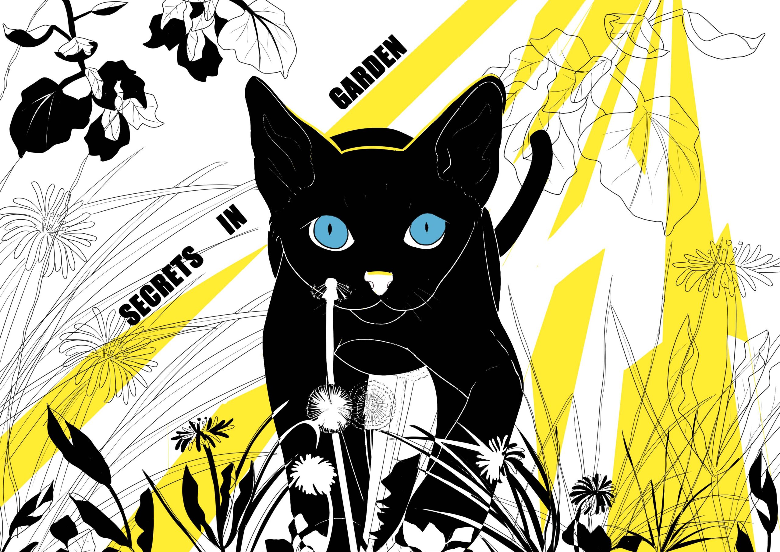 Illustration of black cat with blue eyes