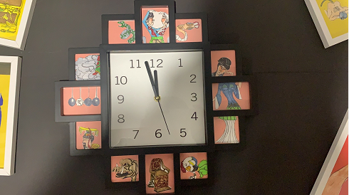 clock surrounded with illustrations