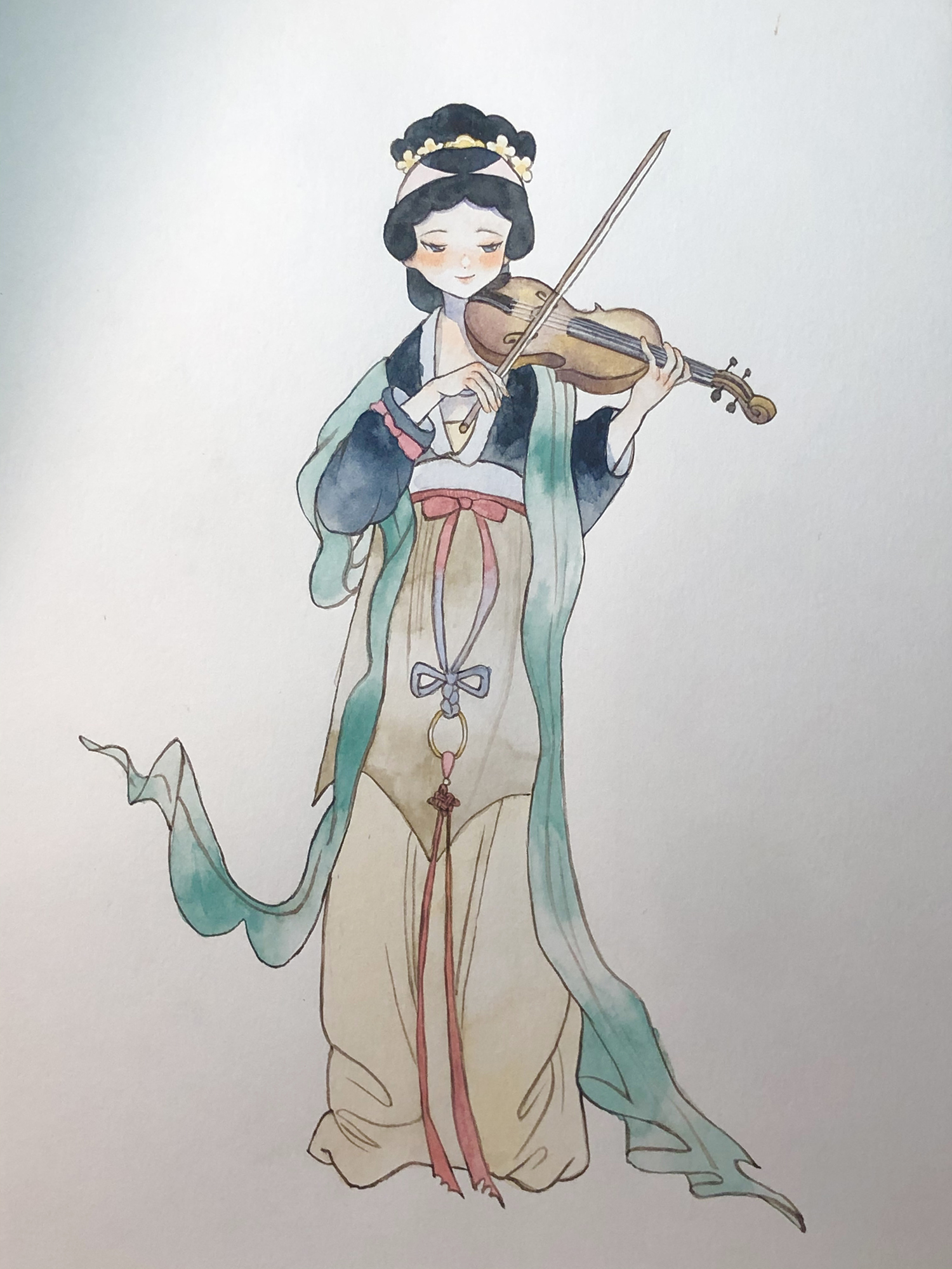 Japanese cartoon style illustration of a lady playing a violin