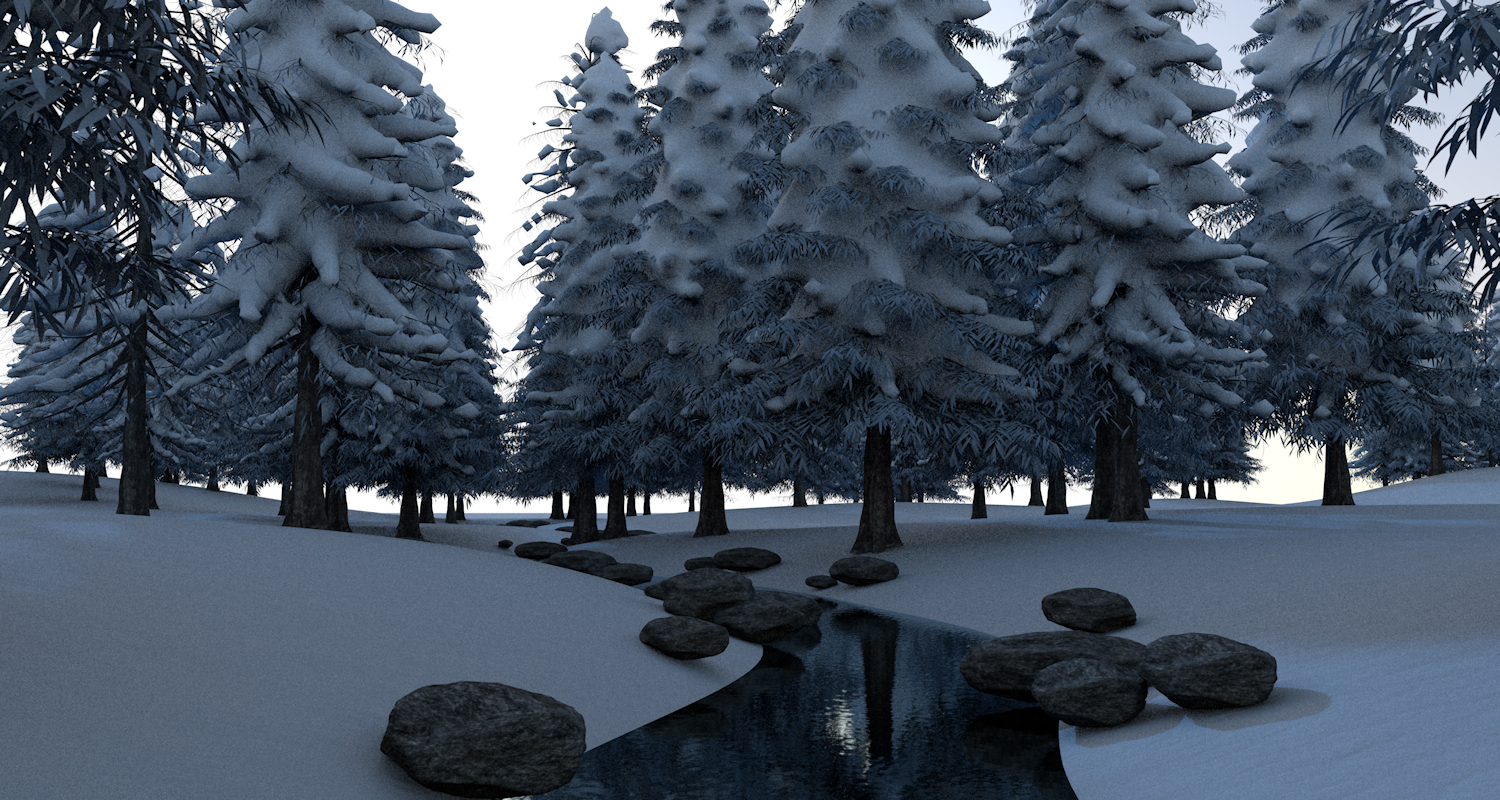 CGI image of a winter day in the woods