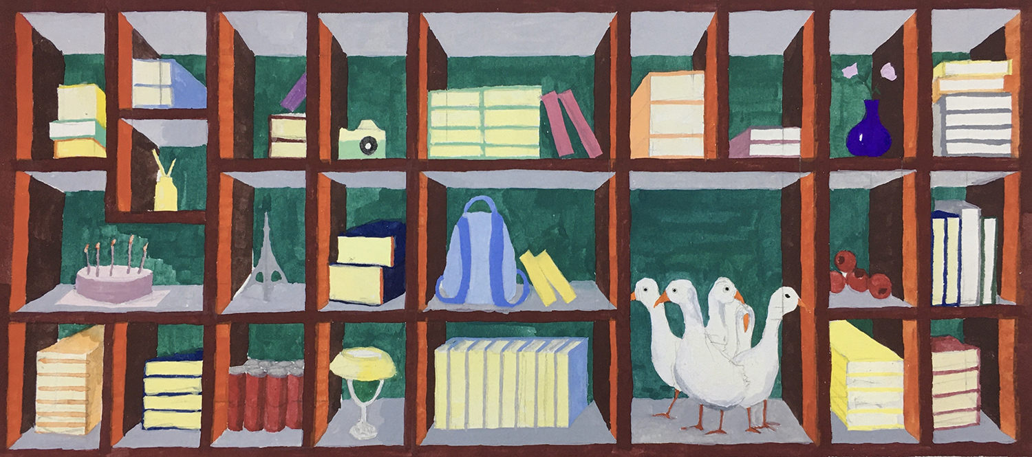 Painting of a bookshelf
