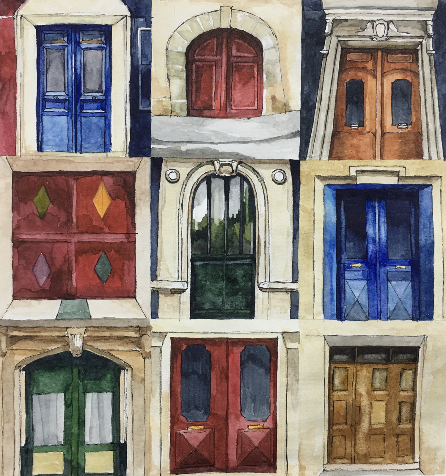 Collage of nine paintings of doors in Paris