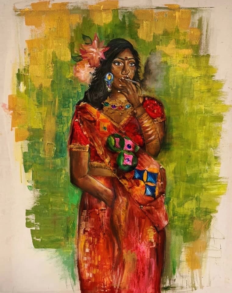 painting of an south asian woman smoking