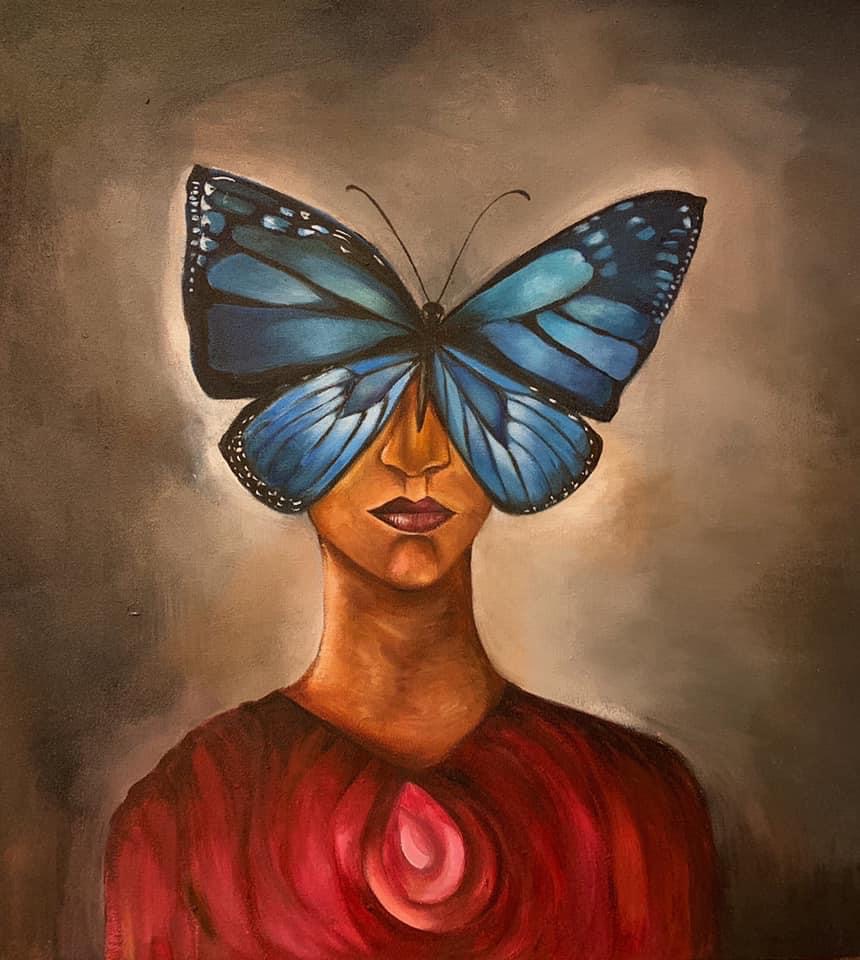 painting of a woman with a large butterfly covering half of her face