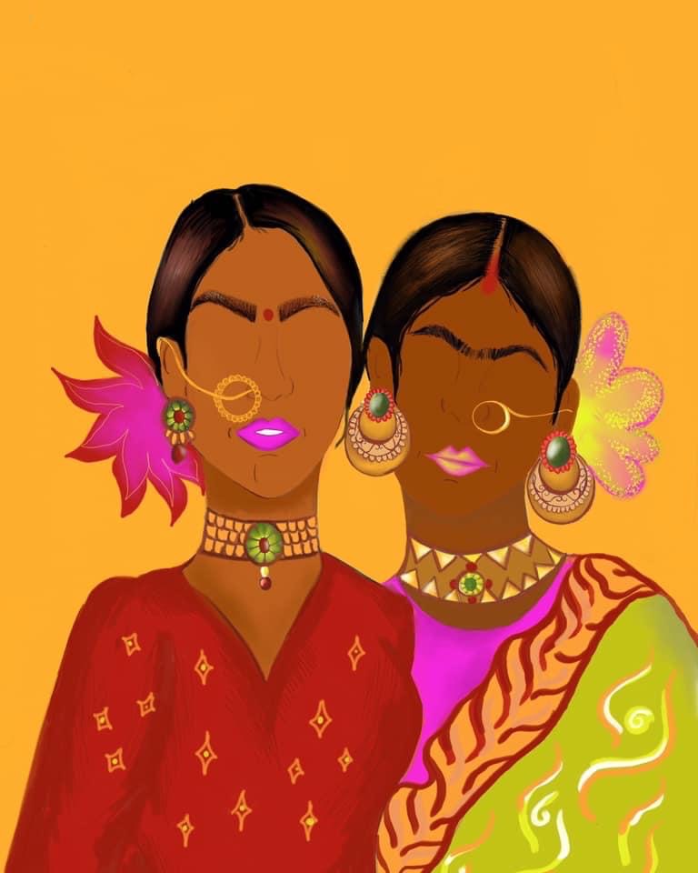 colourful painting of two women in south asian dress